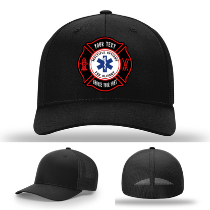 Custom firefighter hat showing front design with dual Maltese patches