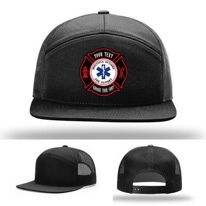 Leather patch firefighter hat front facing with two colorful Maltese styles