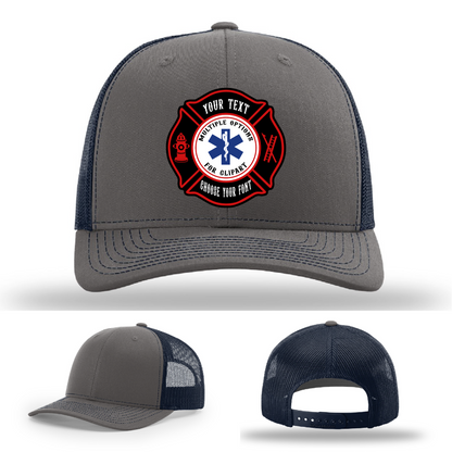 Fire service hat showing two colorful Maltese leather patch examples