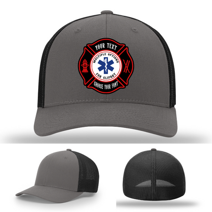 Bold firefighter hat with colorful Maltese patch shapes front view
