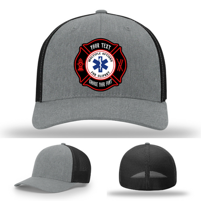 Custom fire service hat with dual Maltese cross patches front view