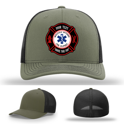 Firehouse gear hat front view with Maltese patch shape options