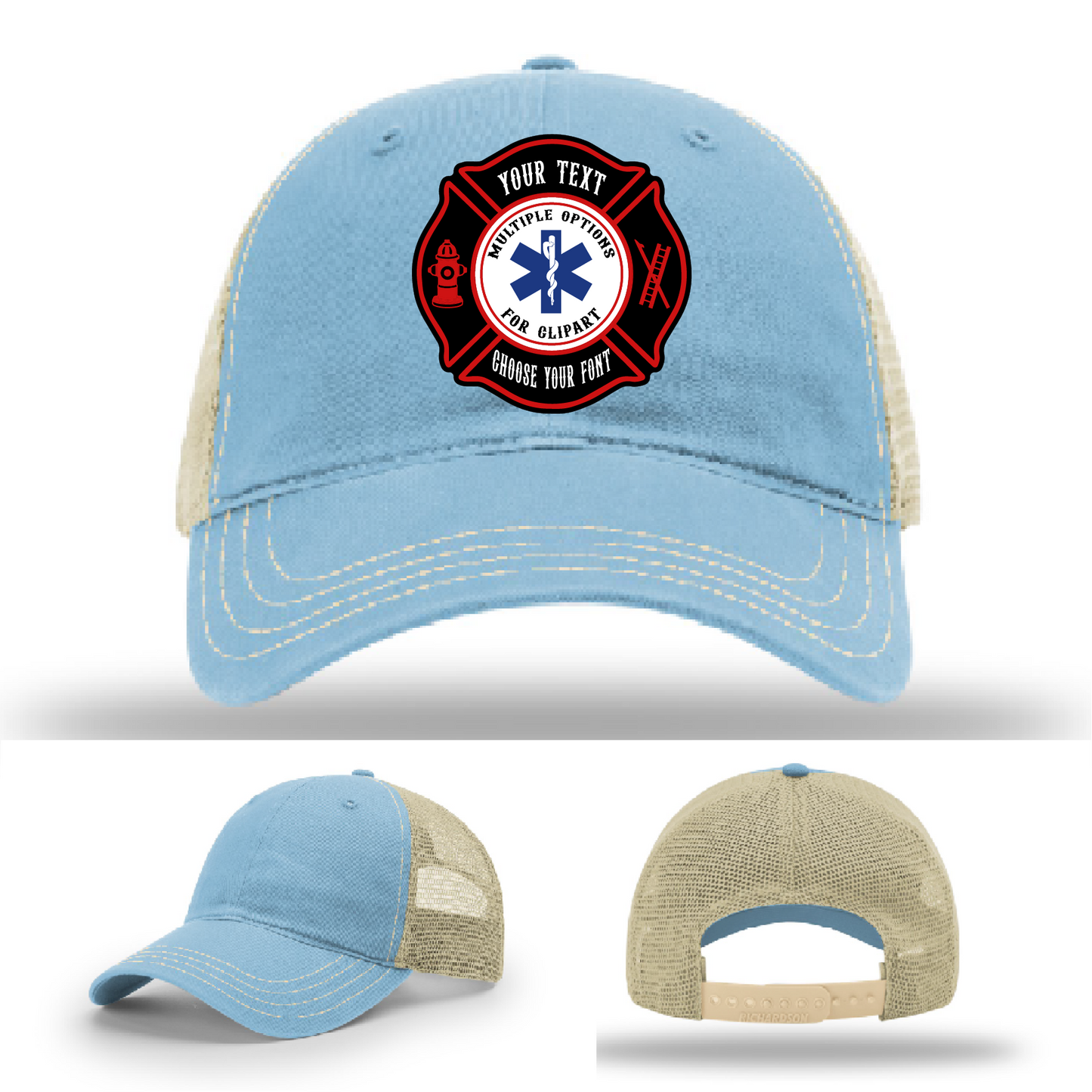 Custom firefighter hat showing dual Maltese patch options front