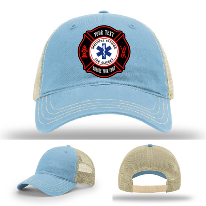 Custom firefighter hat showing dual Maltese patch options front