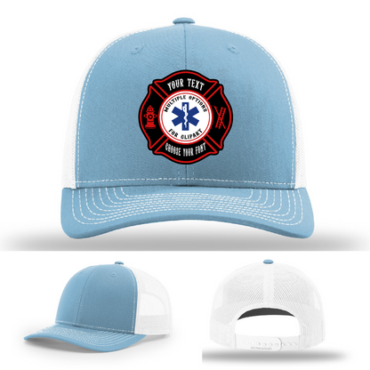 Rugged firefighter hat with colorful Maltese patch shape designs