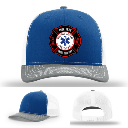 Firehouse apparel hat front view with two Maltese patch examples