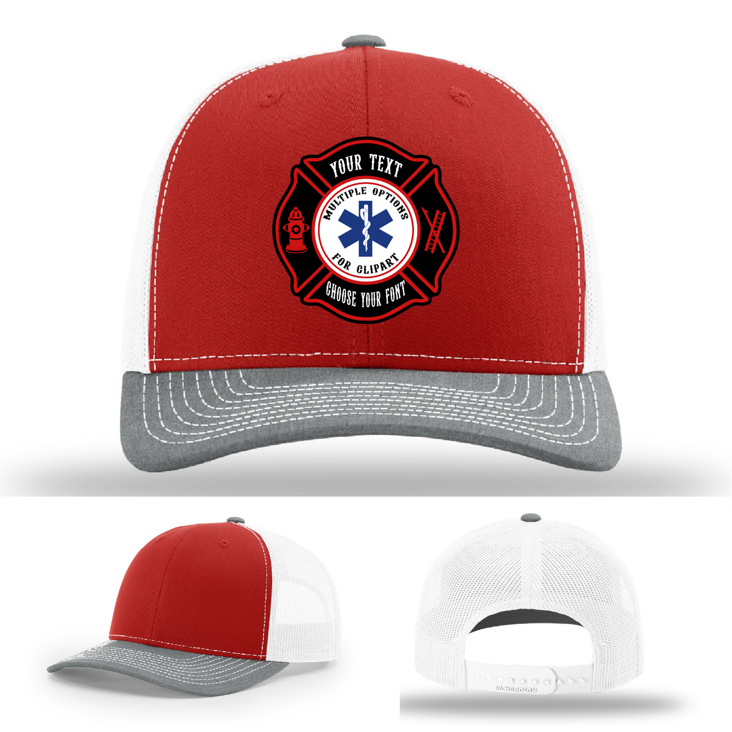 Front facing firefighter hat with two Maltese patch variations