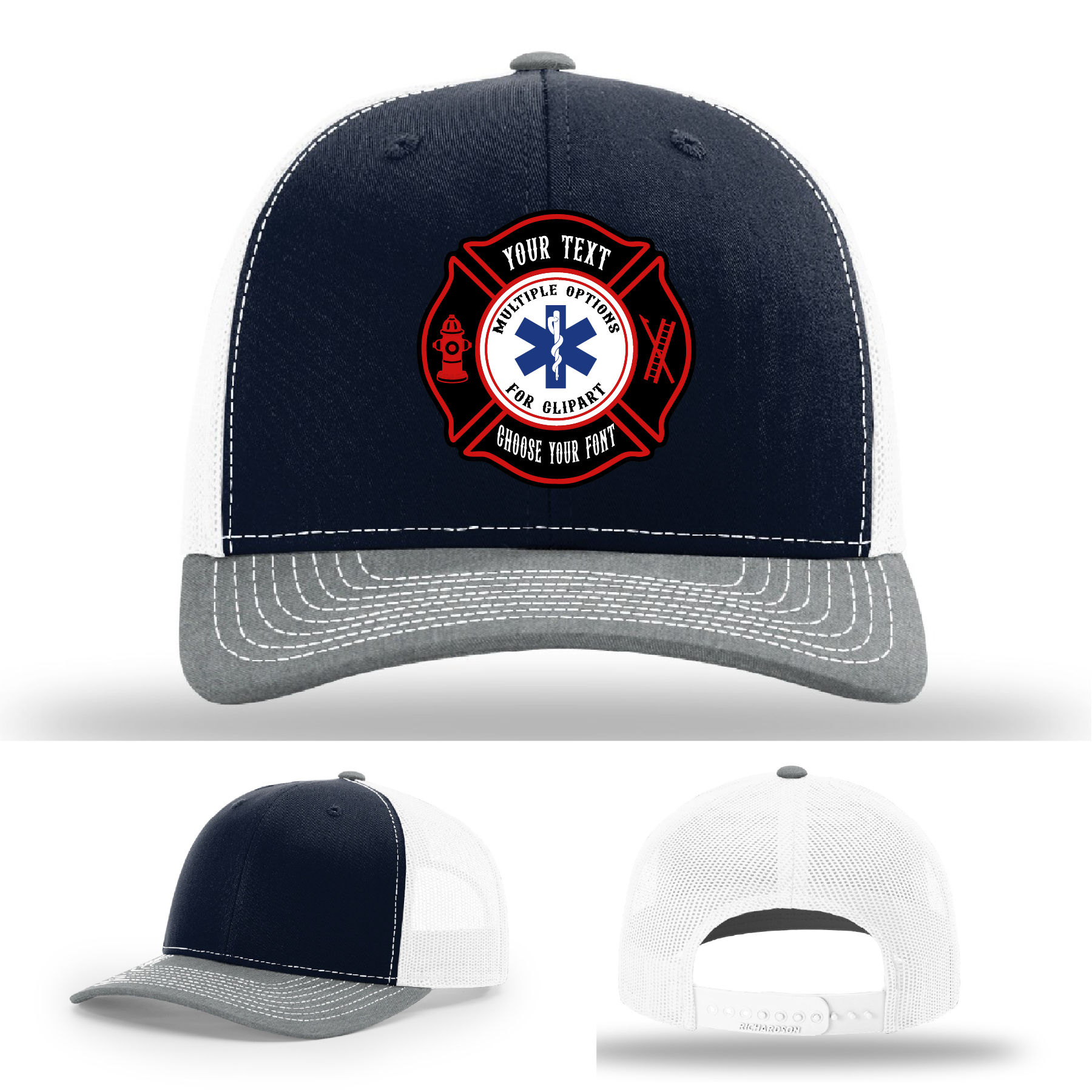 Firefighter hat showing dual colorful Maltese cross patch examples