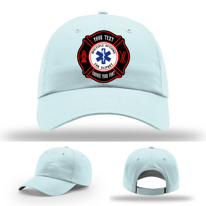 Rugged firefighter hat showing colorful Maltese patches front view
