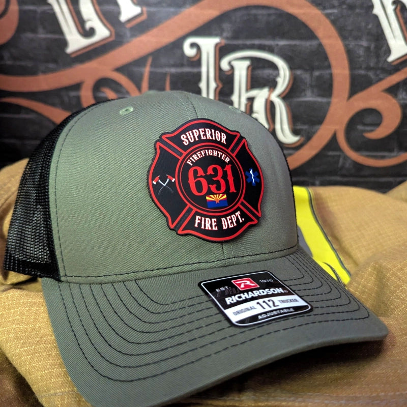 Professional station hat with bold Maltese cross leather patch in color