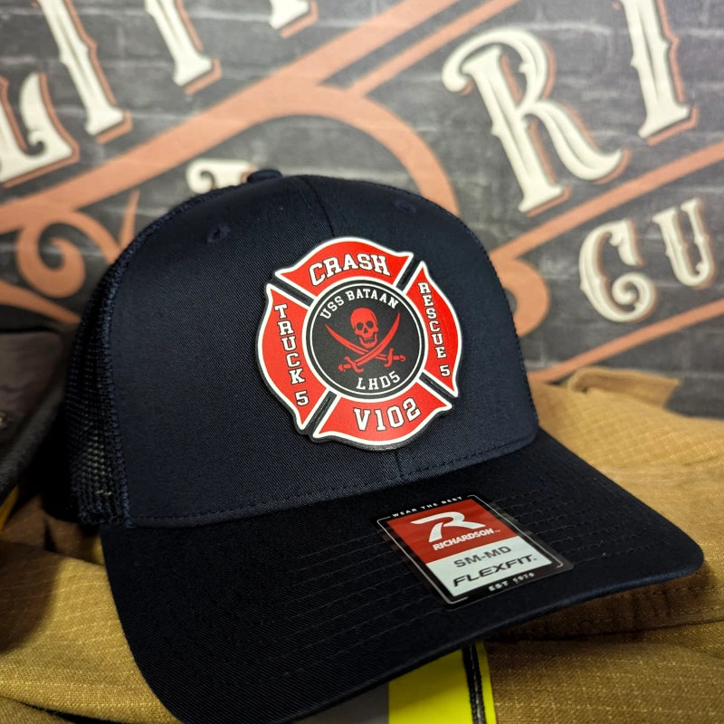 Custom firefighter hat showcasing full color leather Maltese cross patch