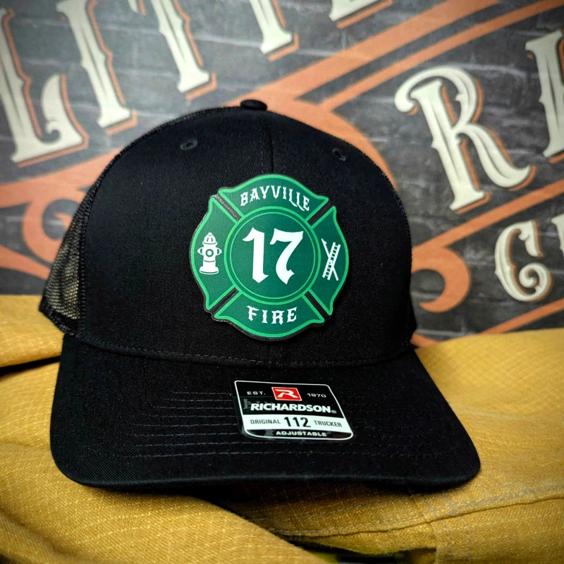 Rugged leather patch hat with detailed full color Maltese firefighter symbol
