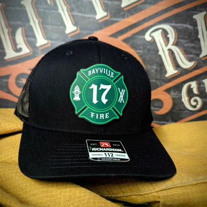 Rugged leather patch hat with detailed full color Maltese firefighter symbol