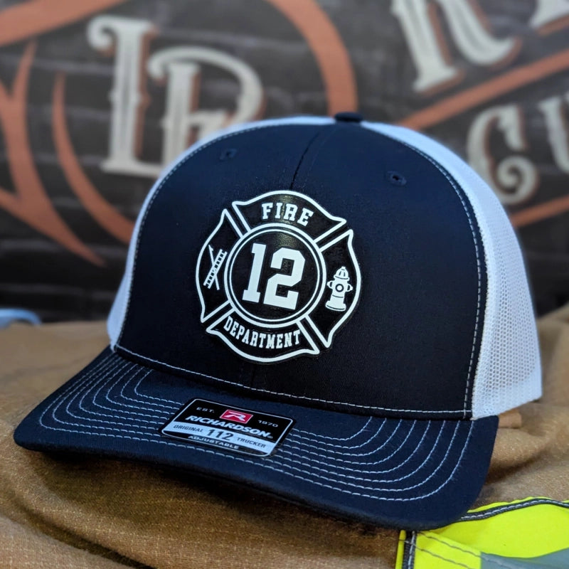 Firefighter lifestyle hat showing full color leather Maltese cross emblem