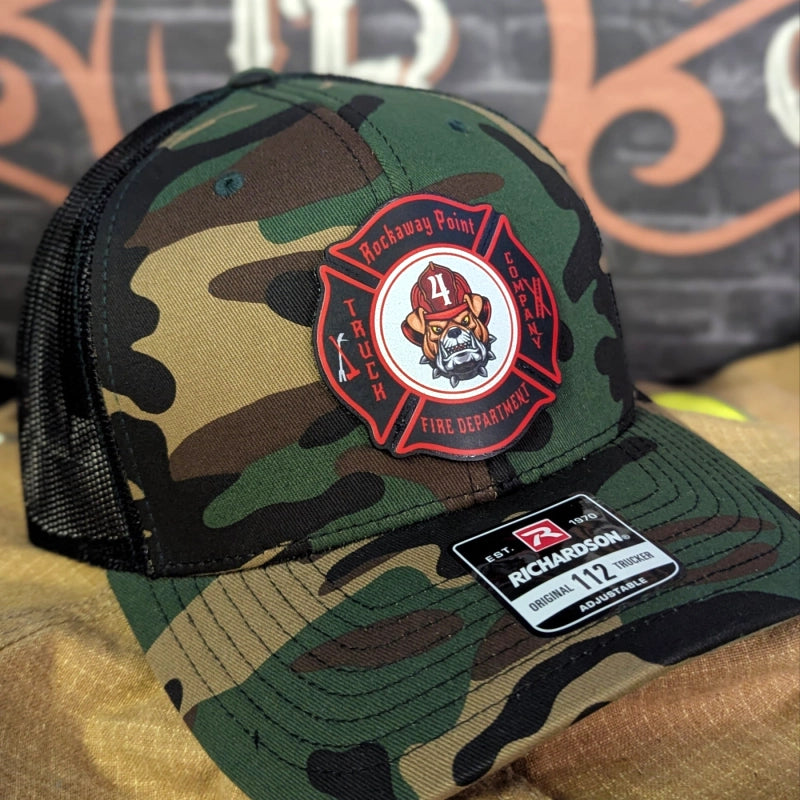 Leather patch firefighter hat with crisp full color Maltese cross detail