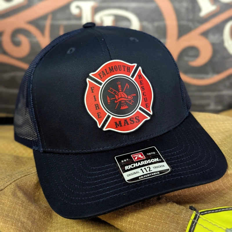 Rugged firefighter hat featuring detailed full color Maltese patch design