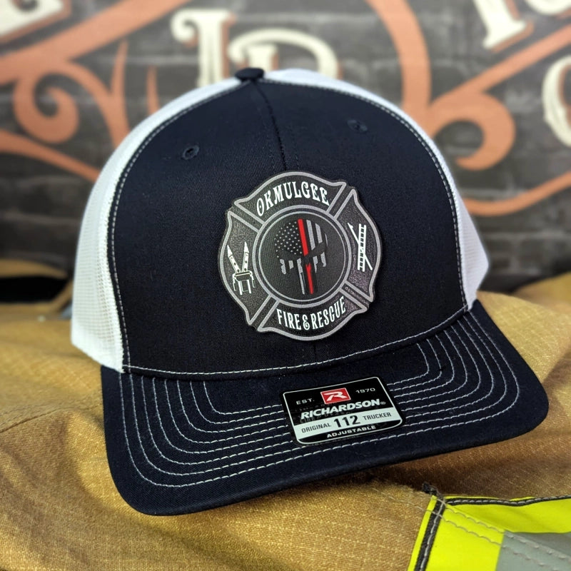 Leather patch firefighter hat with vibrant Maltese cross in full color