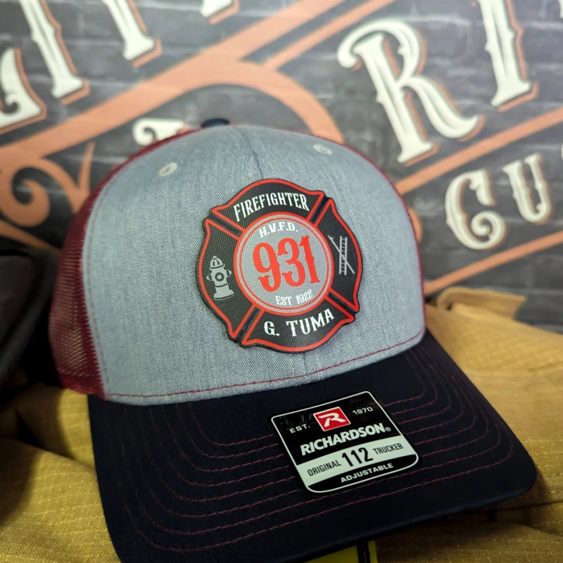 Firehouse gear hat with sharp detailed Maltese cross patch in full color