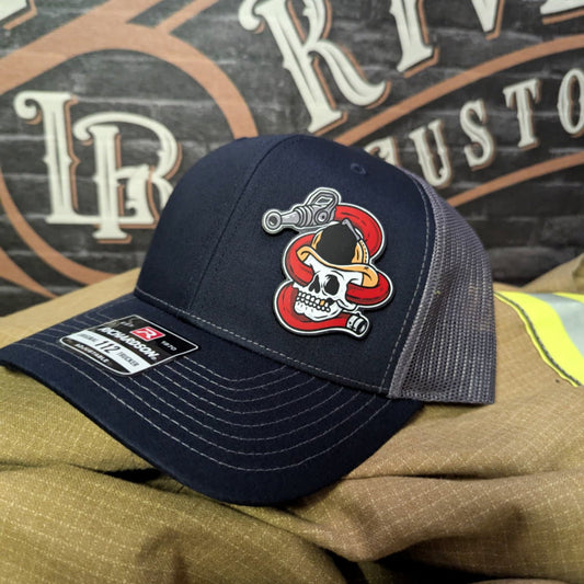 Get Hosed leather patch firefighter hat with skull and coiled hose design
