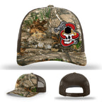 Custom firefighter hat with Get Hosed skull helmet and coiled hose patch