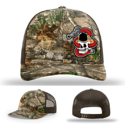 Custom firefighter hat with Get Hosed skull helmet and coiled hose patch