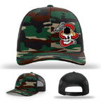 Fire company Richardson hat with bold leather patch skull and hose artwork