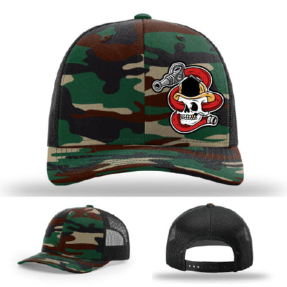 Fire company Richardson hat with bold leather patch skull and hose artwork