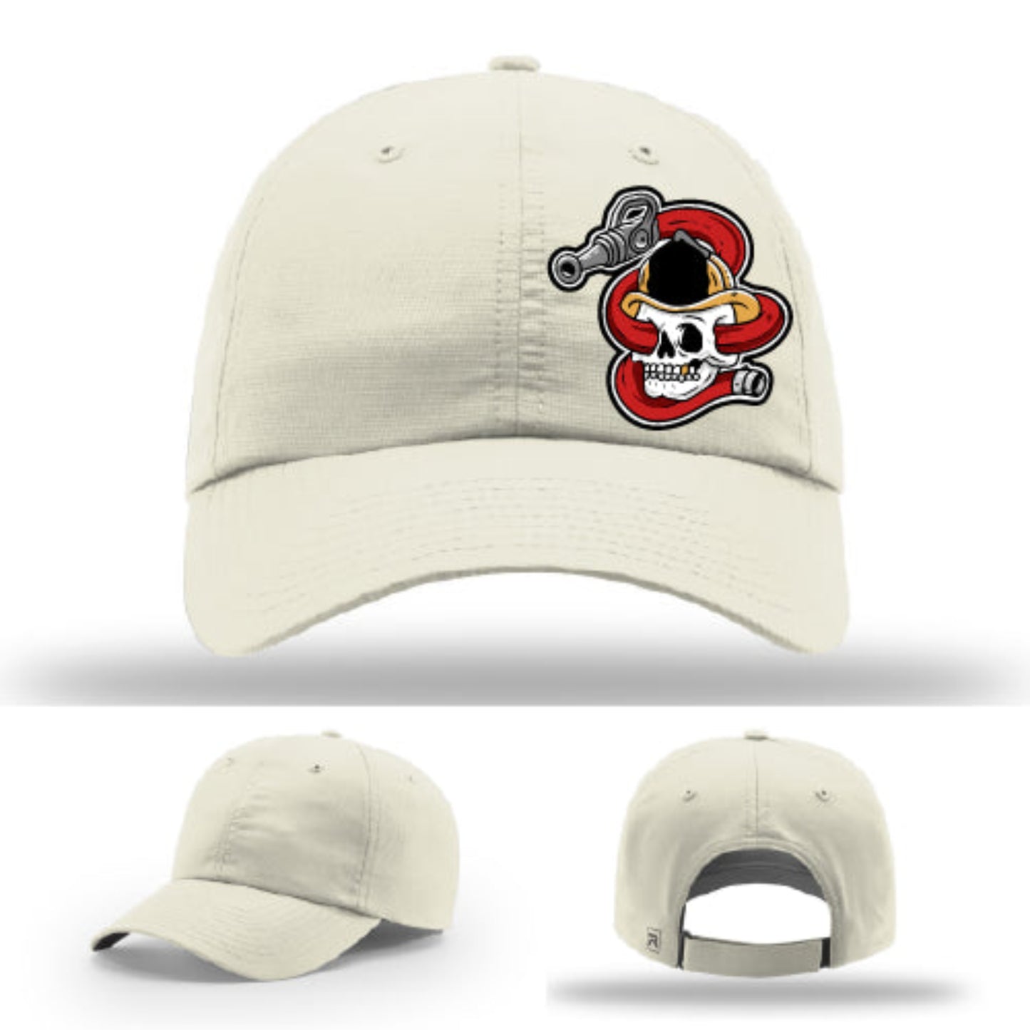 Firefighter apparel Richardson hat featuring skull helmet leather patch design