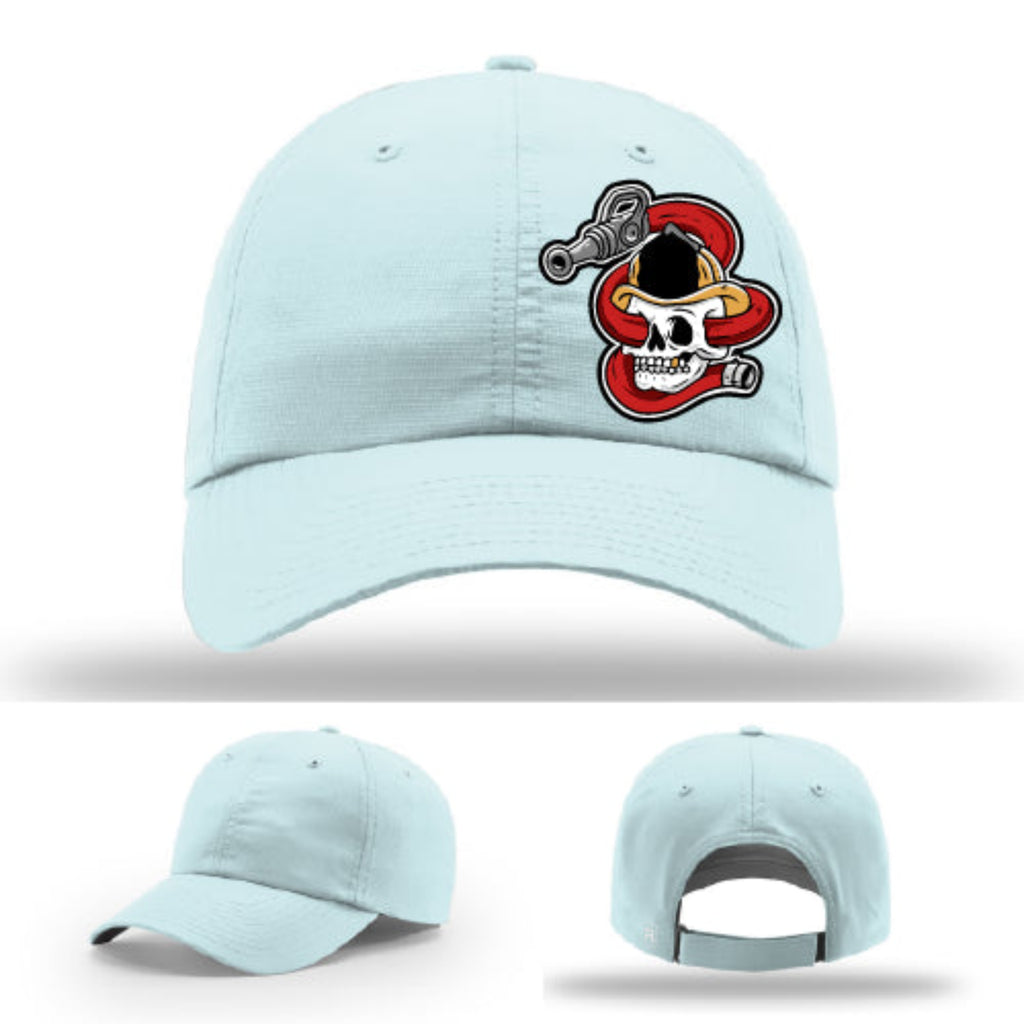 Leather patch firefighter hat with hose dragger skull artwork full color