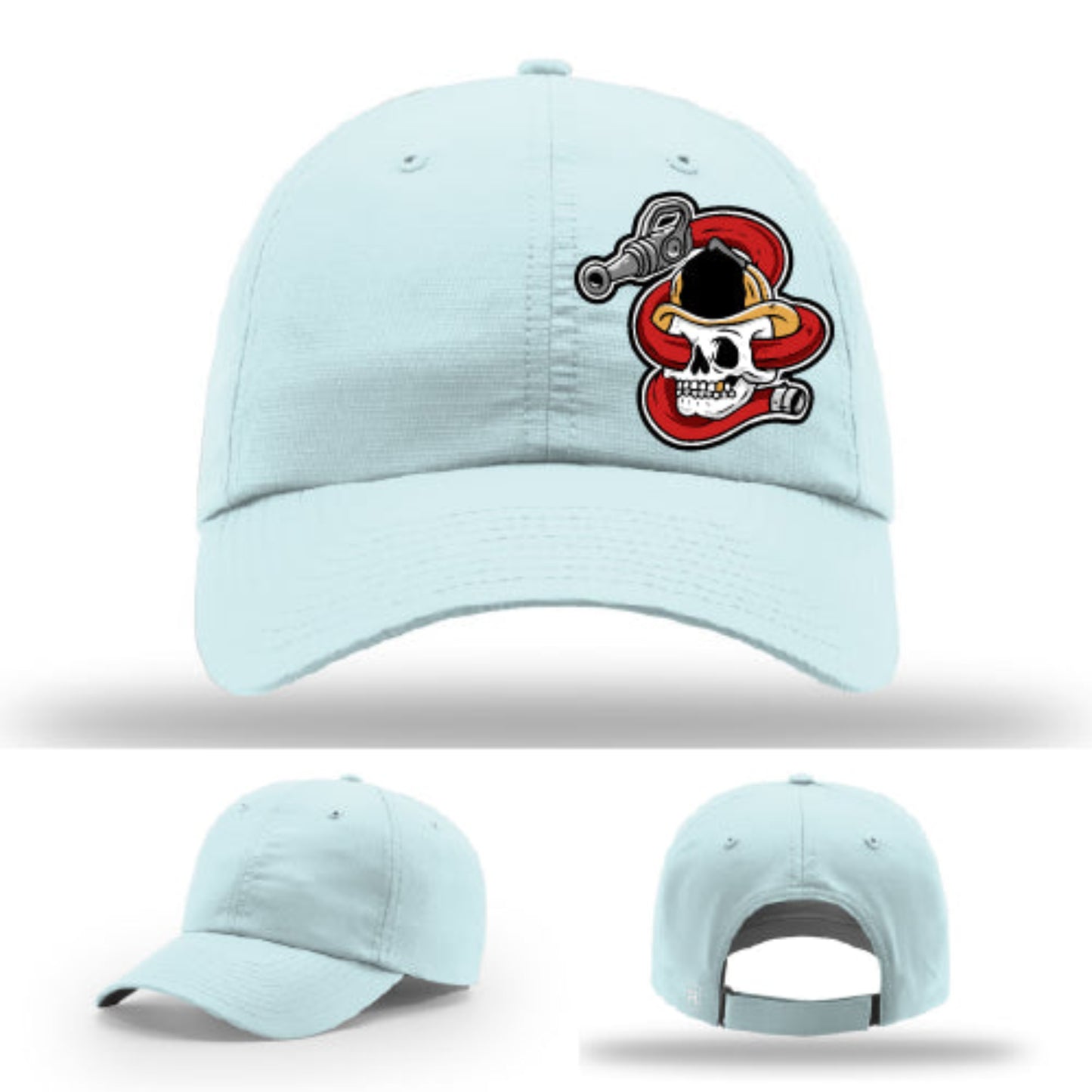Leather patch firefighter hat with hose dragger skull artwork full color