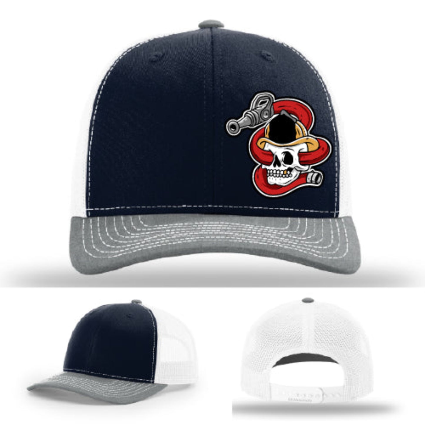 Fire company gear Richardson hat with skull helmet and hose patch