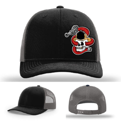 Richardson firefighter hat featuring bold leather patch skull hose graphic