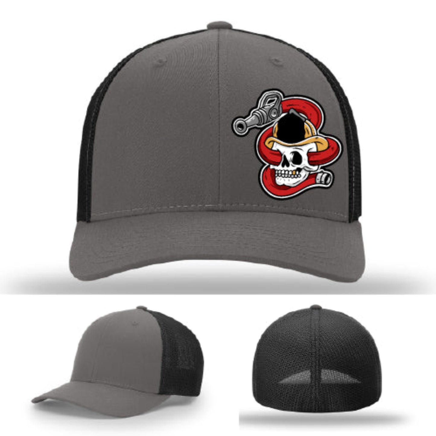 Richardson mesh back firefighter hat with coiled hose leather patch front
