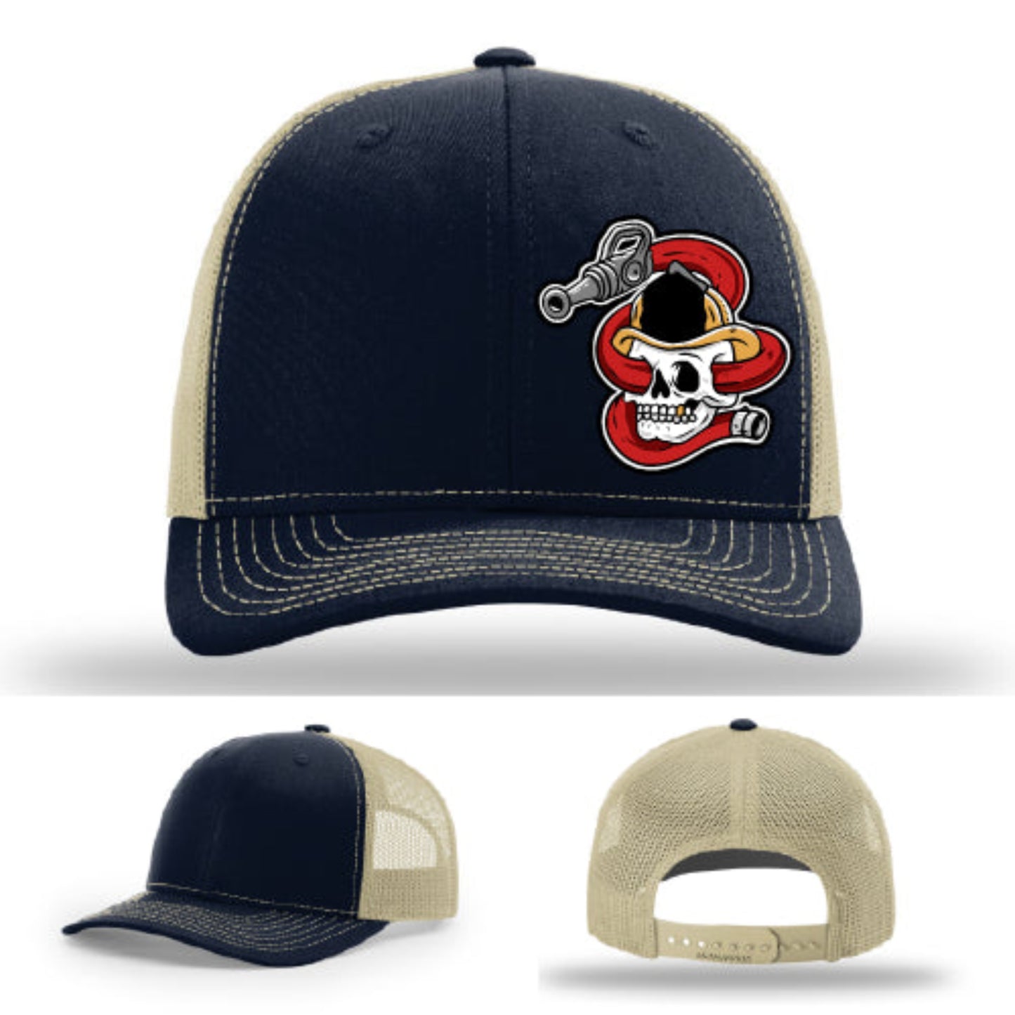 Firefighter Richardson hat leather patch featuring aggressive skull artwork