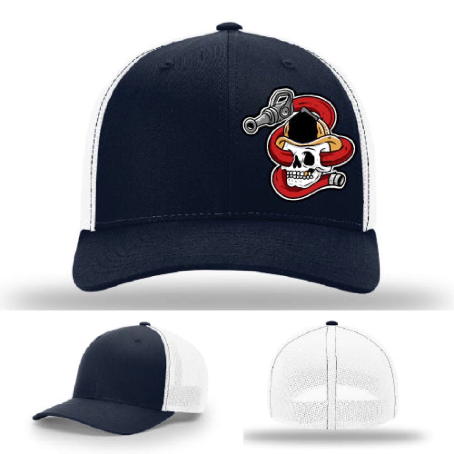 Richardson firefighter hat featuring firehouse skull leather patch design