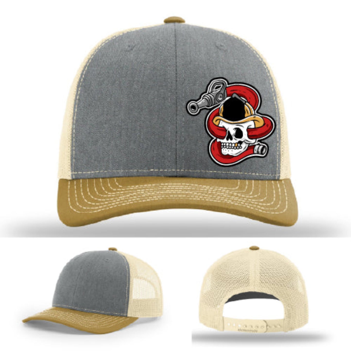 Get Hosed firefighter gear hat featuring hose dragger skull patch design