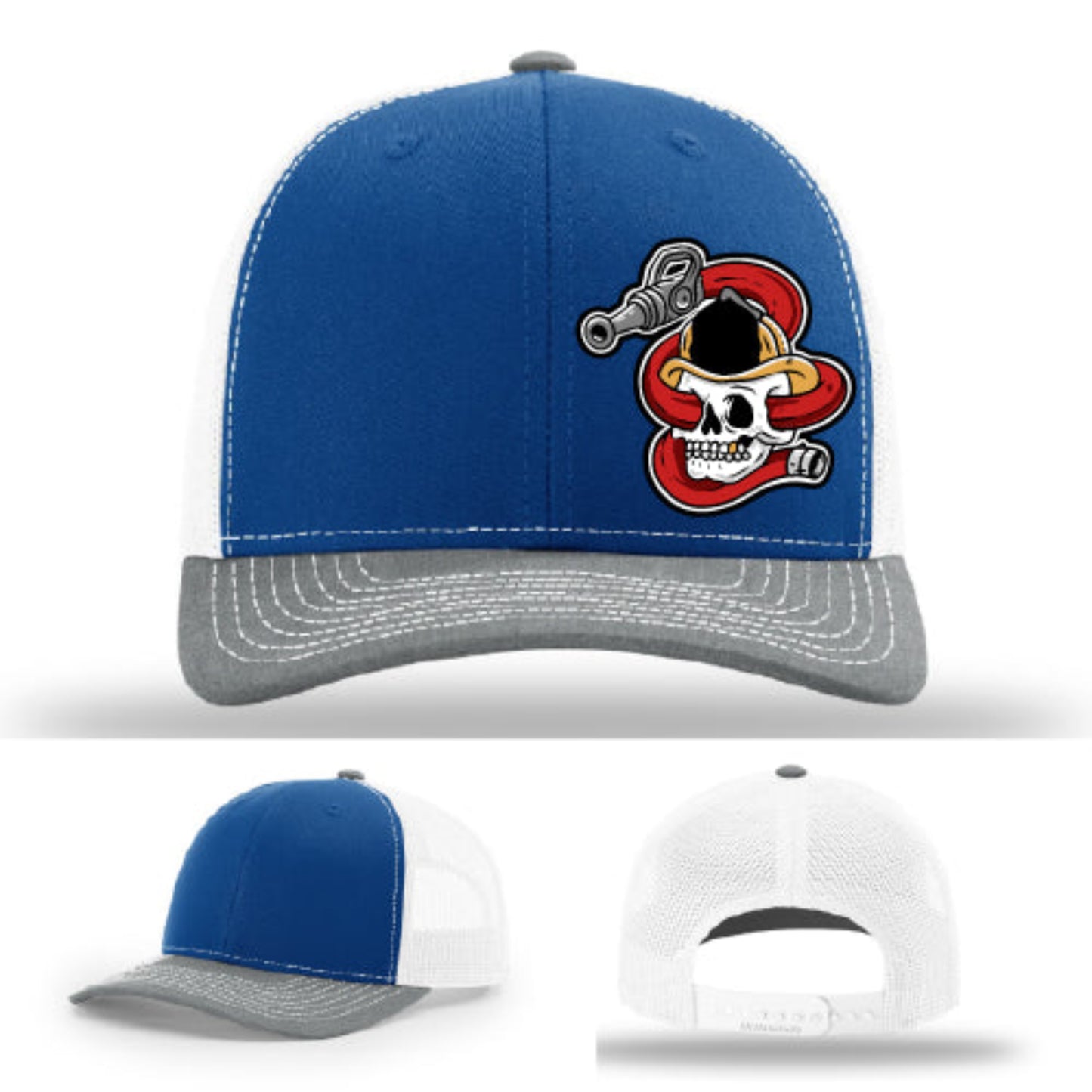Firefighter Richardson hat with skull and hose full color leather patch