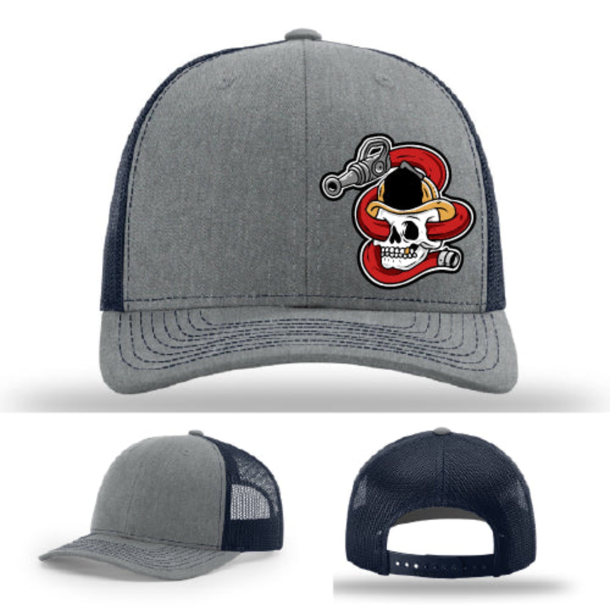 Firefighter apparel hat with Get Hosed leather patch bold skull design
