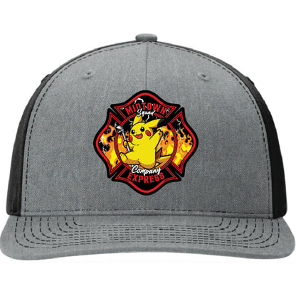 Custom firefighter hat with Midtown Express NJ full color leather patch on a Richardson hat. Personalized fire department headwear built by firefighters.
