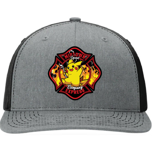Custom firefighter hat with Midtown Express NJ full color leather patch on a Richardson hat. Personalized fire department headwear built by firefighters.
