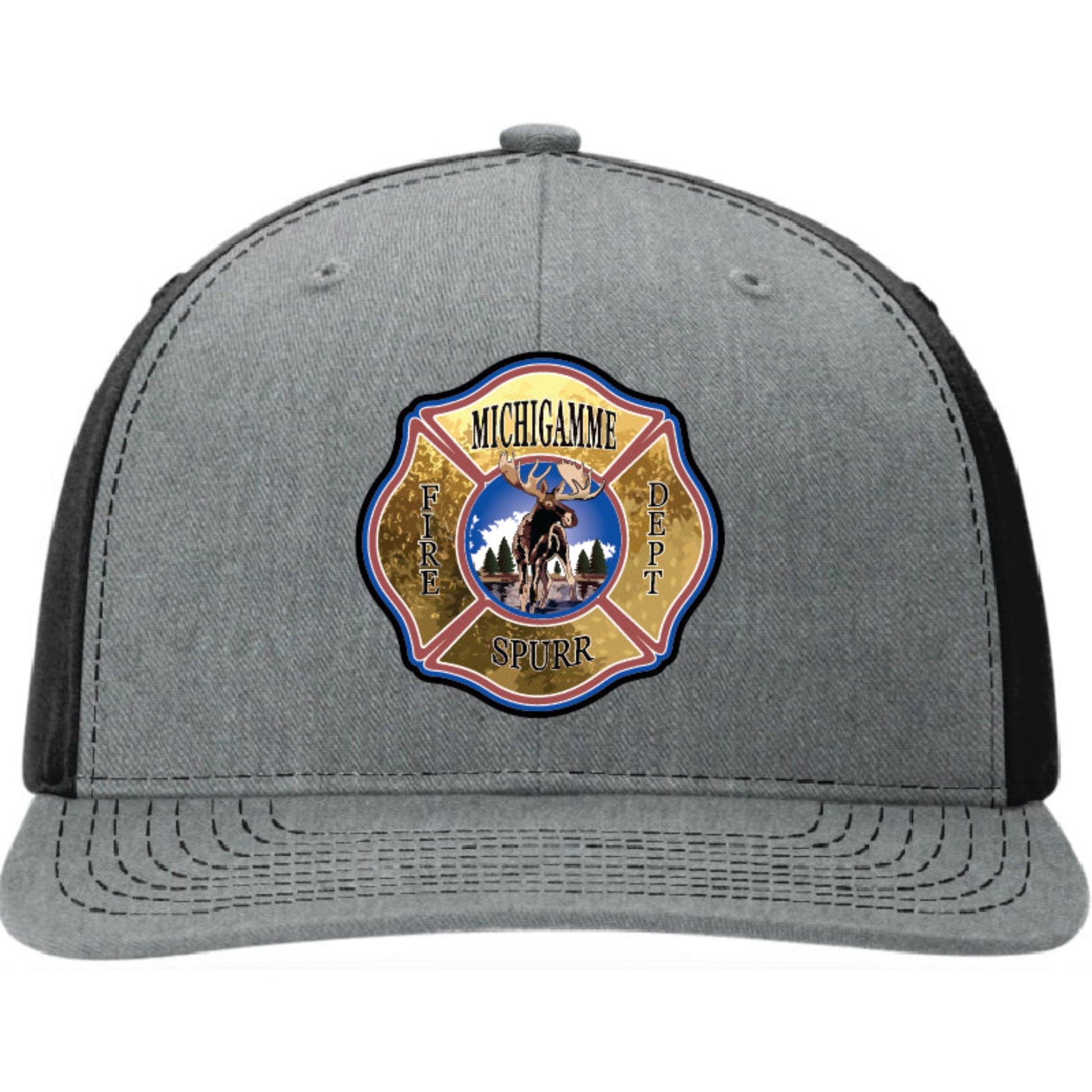 Custom Richardson hat with full color leather patch featuring the Michigamme-Spurr Fire Department logo. Firefighter-owned, custom department gear.