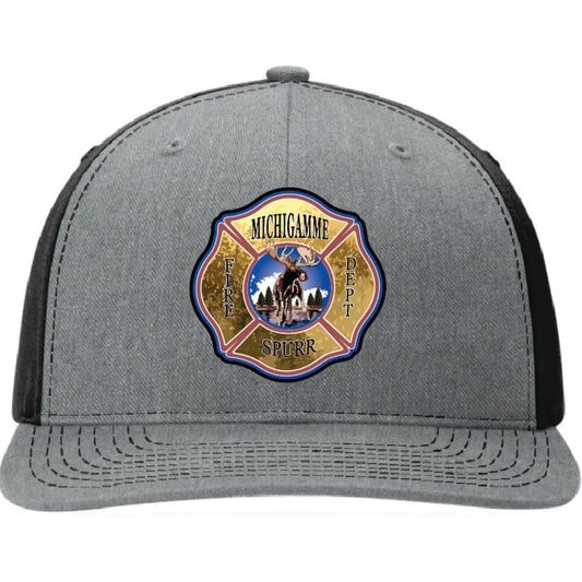 Custom Richardson hat with full color leather patch featuring the Michigamme-Spurr Fire Department logo. Firefighter-owned, custom department gear.