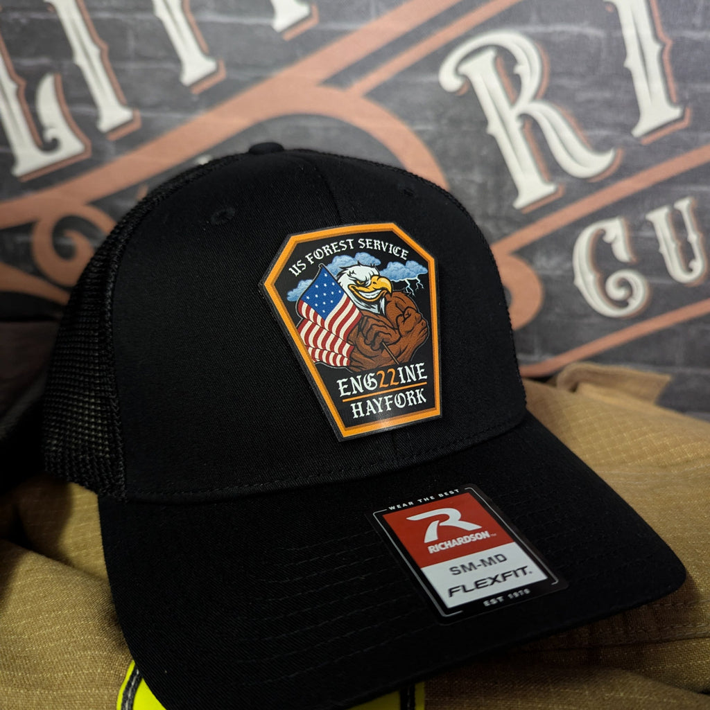 Hayfork Wildland Firefighter leather patch hat with Engine 22 design