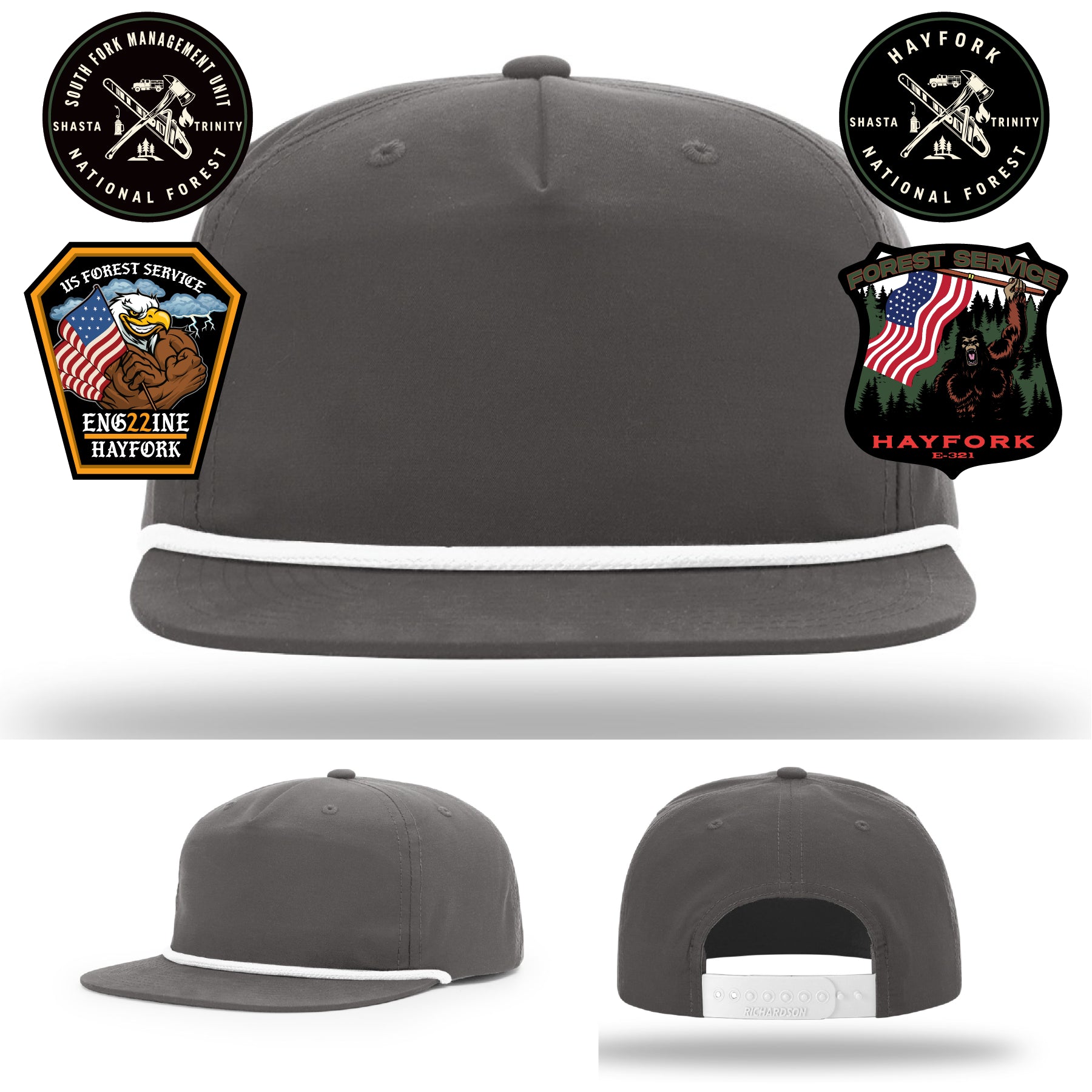 Wildland firefighter hat with Hayfork Engine 321 patch artwork