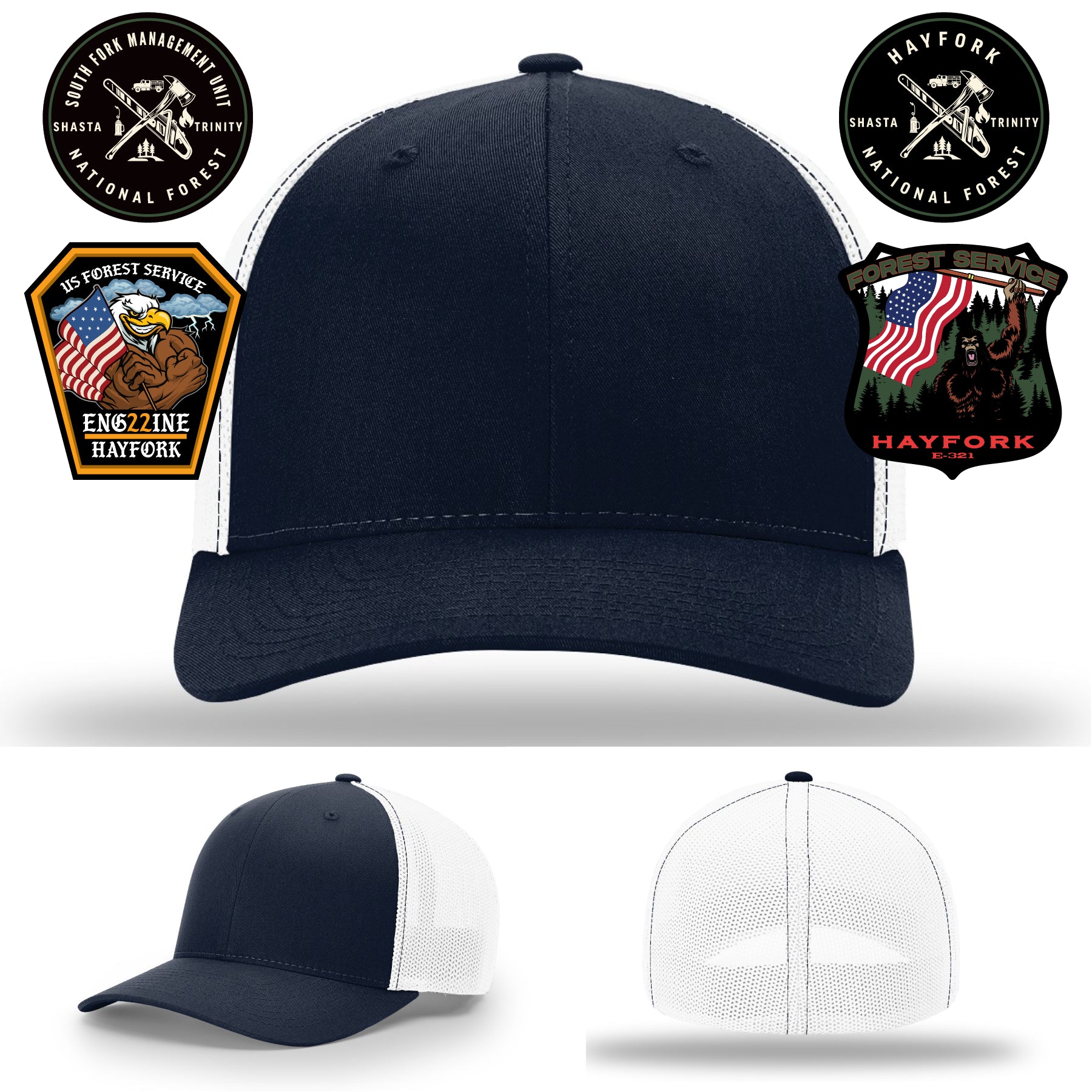 Hayfork firefighter hat with Engine 321 custom patch gear