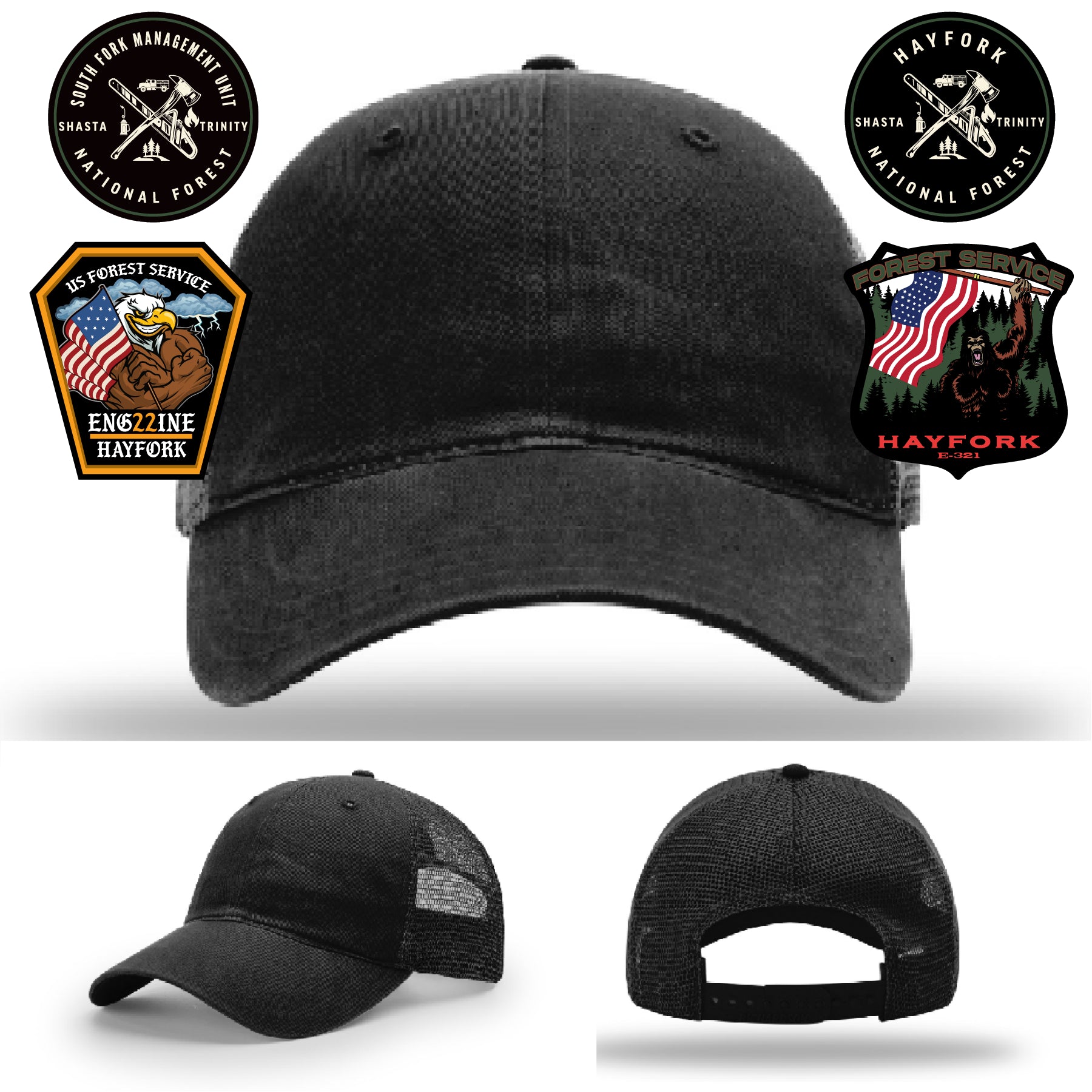 Wildland firefighter hat with Hayfork Engine 22 patch detail