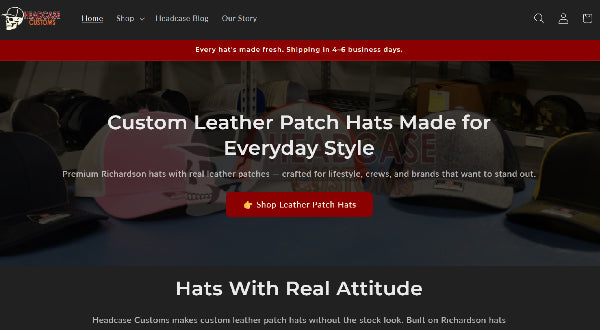 Headcase Customs lifestyle Shopify site for custom leather patch hats and apparel sales