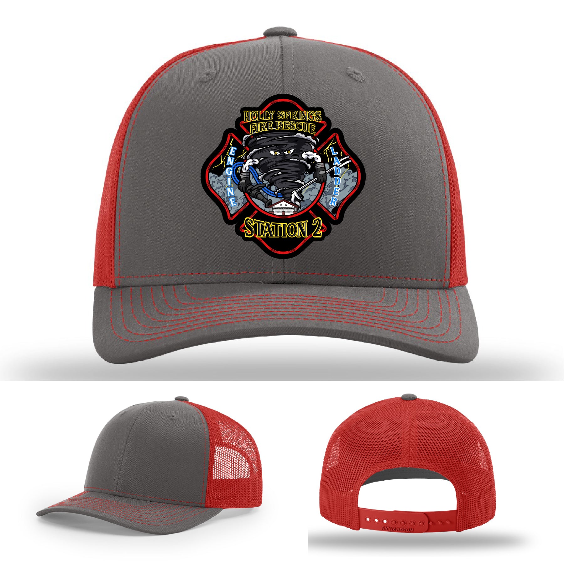 Firefighter hat with detailed Holly Springs Station 2 patch
