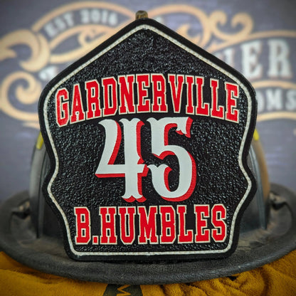 firehouse helmet shield – leather front for department representation