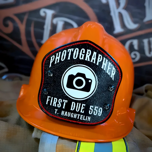 Custom LA style leather firefighter helmet shield built for rugged firehouse use